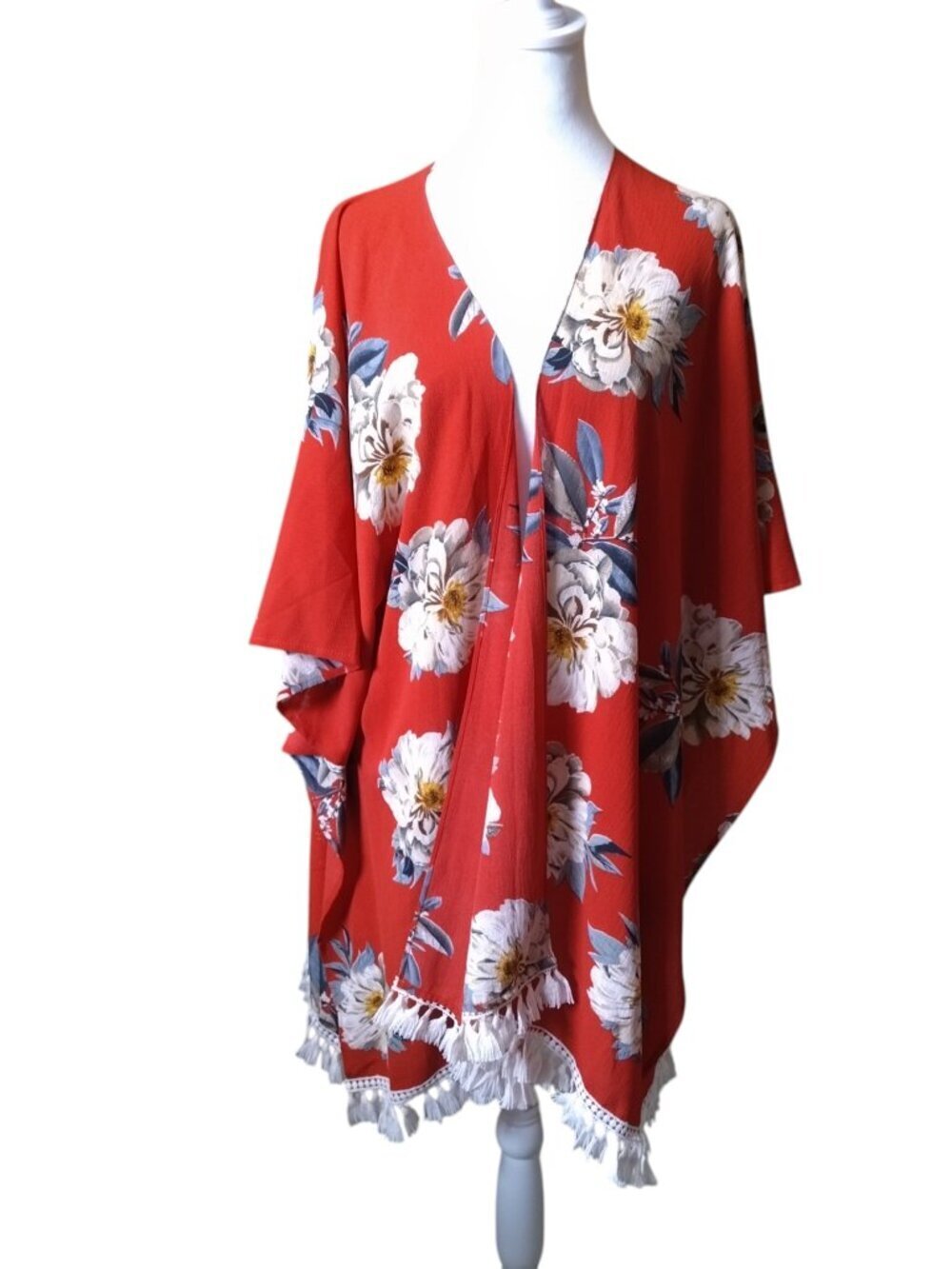 Umgee USA Size M/L Open Front Red Kimono Floral Fringe Cover Up Resortwear Top